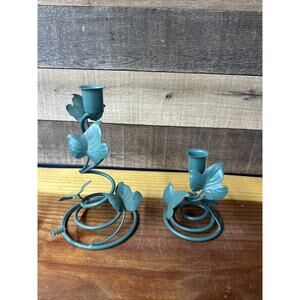 Vtg Home Interiors Toleware 2 Grapevine Green Metal Candleholders